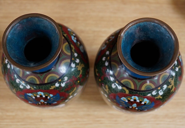 A pair of Japanese cloisonné enamel vases, early 20th century, 30cm high. Condition - one fair to good, one with impact damage